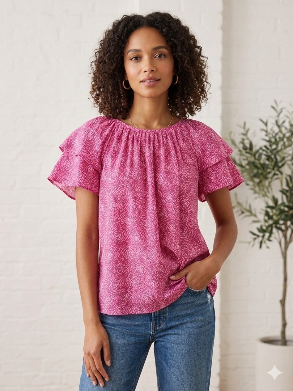 Banjanan Ruffled Andrea Top in the Petal Powder Fuchsia (121)